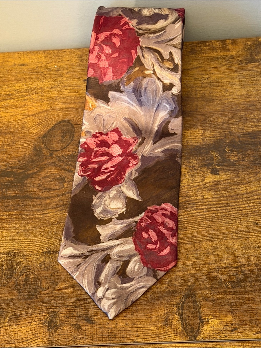 Wembley Vintage Floral Necktie 57” Burgundy Brown Gray Rose Print Wide Tie
